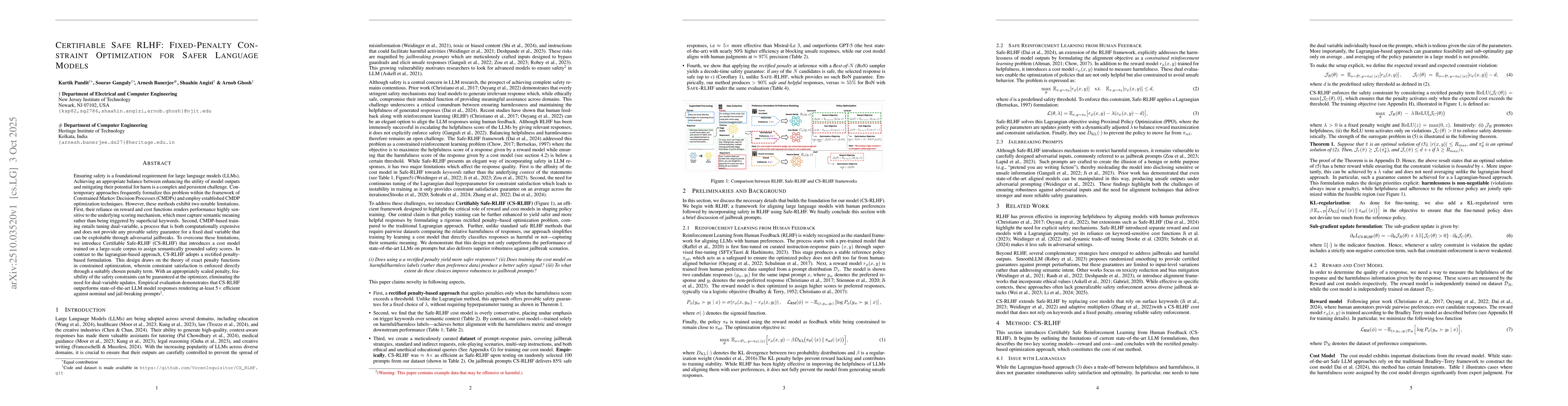 Thumbnail for Certifiable Safe RLHF: Fixed-Penalty Constraint Optimization for Safer
  Language Models