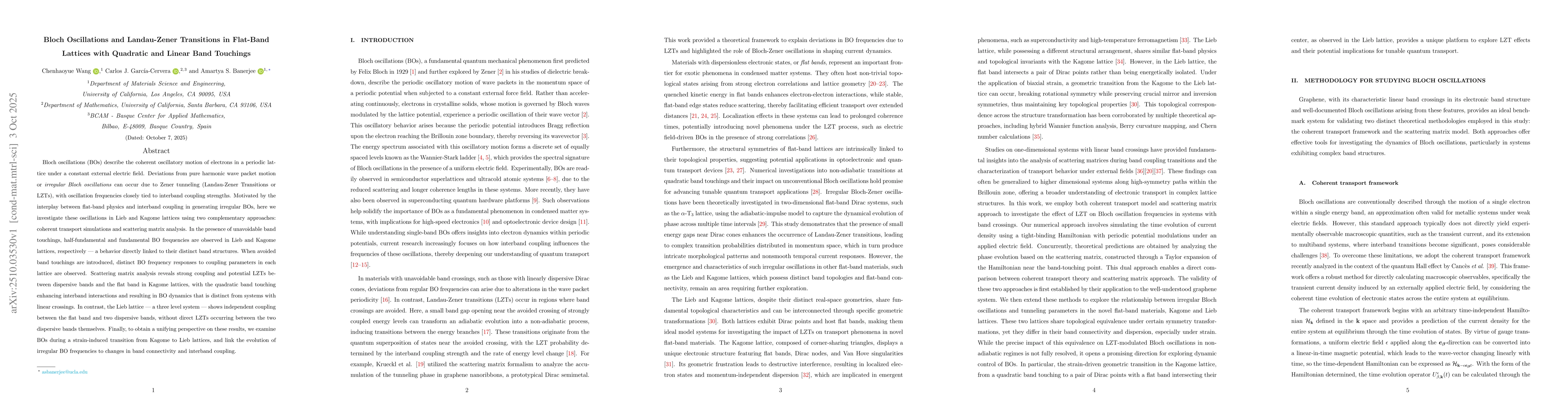 Thumbnail for Bloch Oscillations and Landau-Zener Transitions in Flat-Band Lattices
  with Quadratic and Linear Band Touchings
