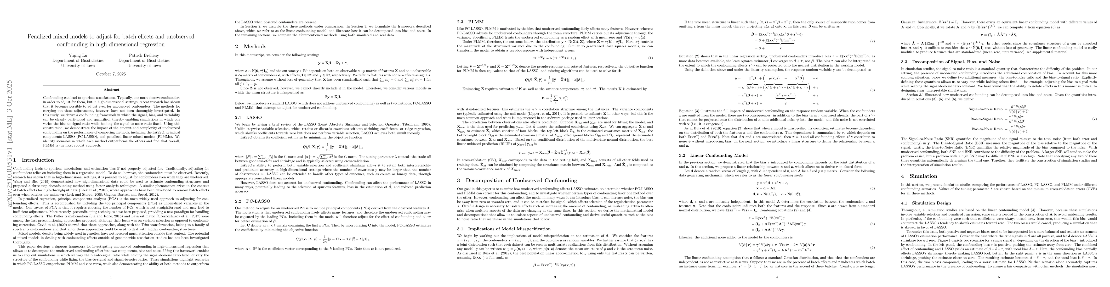 Thumbnail for Penalized mixed models to adjust for batch effects and unobserved
  confounding in high dimensional regression