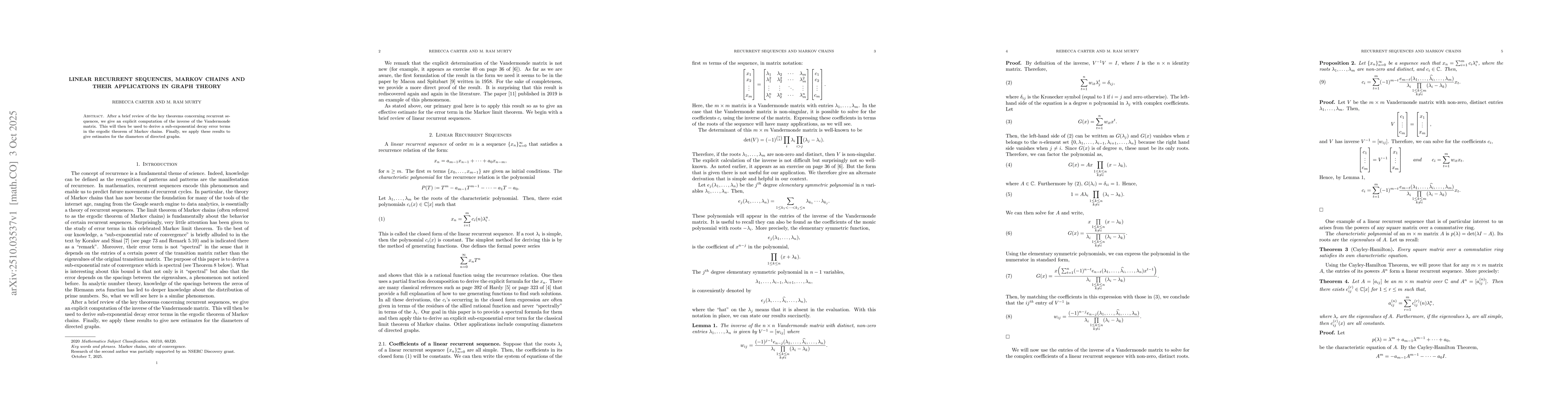 Thumbnail for Linear Recurrent Sequences, Markov Chains and Their Applications in
  Graph Theory