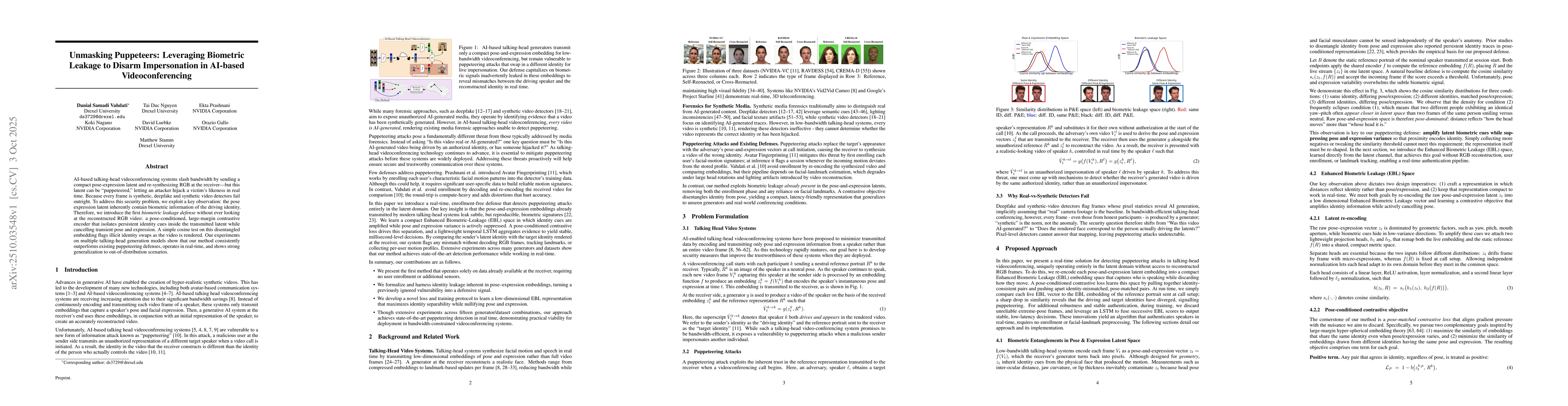 Thumbnail for Unmasking Puppeteers: Leveraging Biometric Leakage to Disarm
  Impersonation in AI-based Videoconferencing