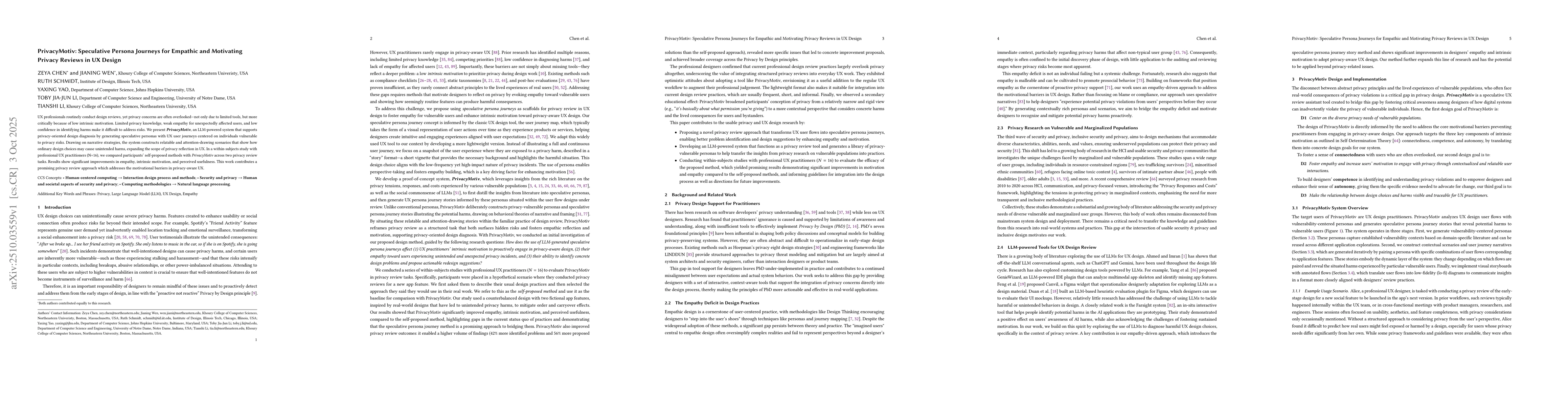 Thumbnail for PrivacyMotiv: Speculative Persona Journeys for Empathic and Motivating
  Privacy Reviews in UX Design