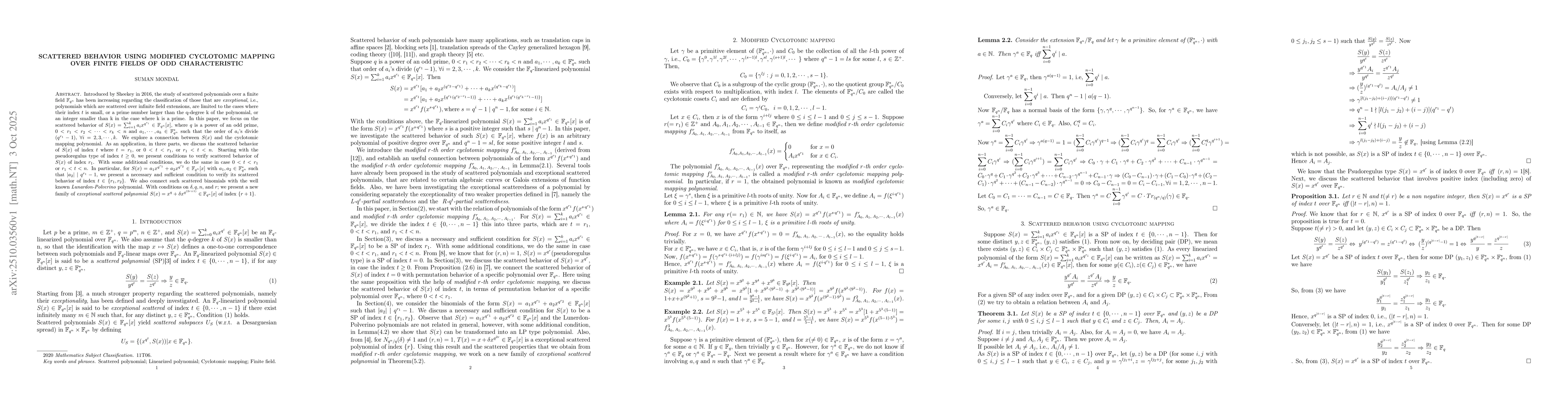 Thumbnail for Scattered Behavior Using Modified Cyclotomic Mapping Over Finite Fields
  Of Odd Characteristic