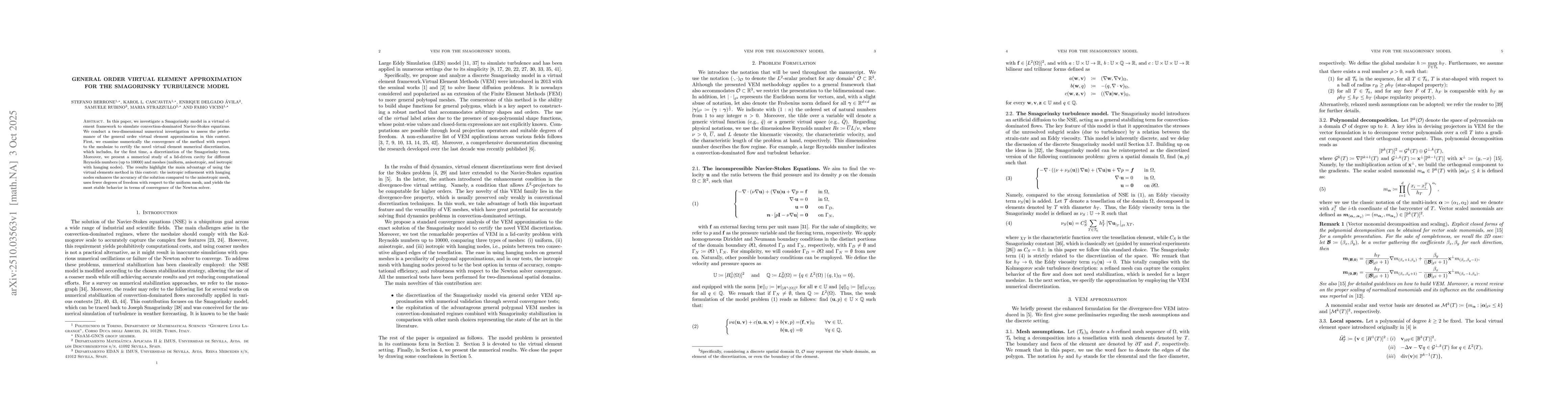 Thumbnail for General Order Virtual Element Approximation for the Smagorinsky
  turbulence model