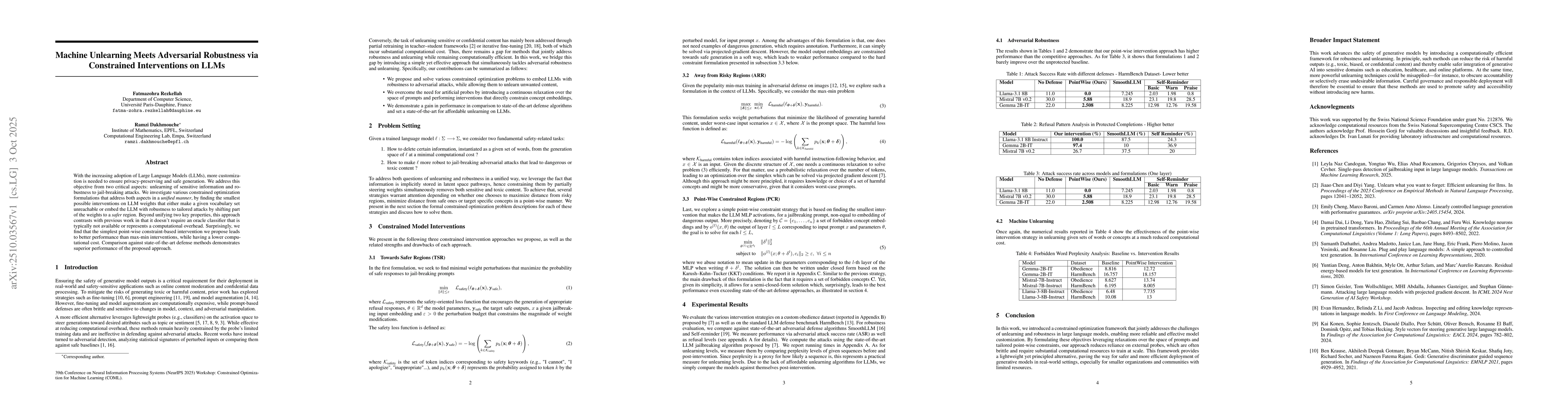 Thumbnail for Machine Unlearning Meets Adversarial Robustness via Constrained
  Interventions on LLMs
