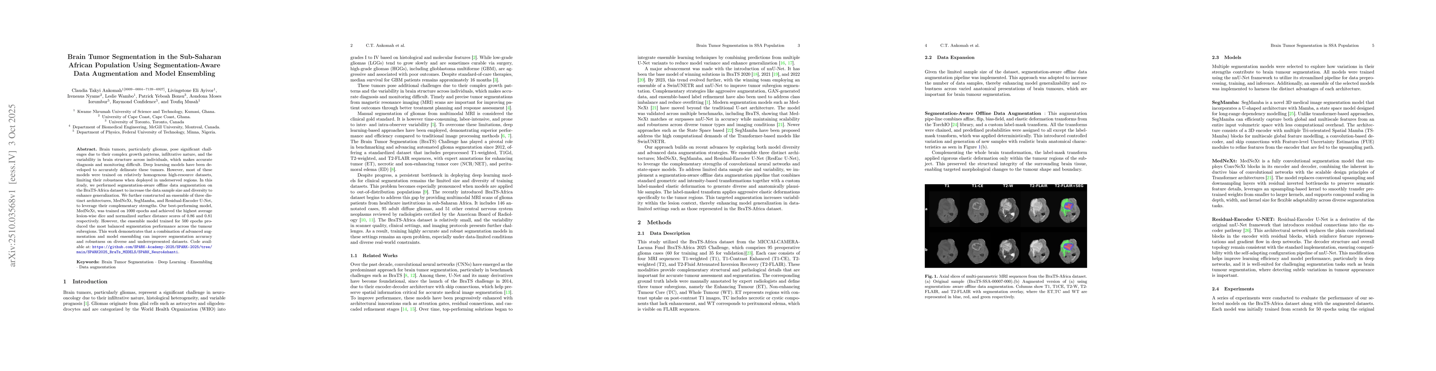 Thumbnail for How We Won BraTS-SSA 2025: Brain Tumor Segmentation in the Sub-Saharan
  African Population Using Segmentation-Aware Data Augmentation and Model
  Ensembling