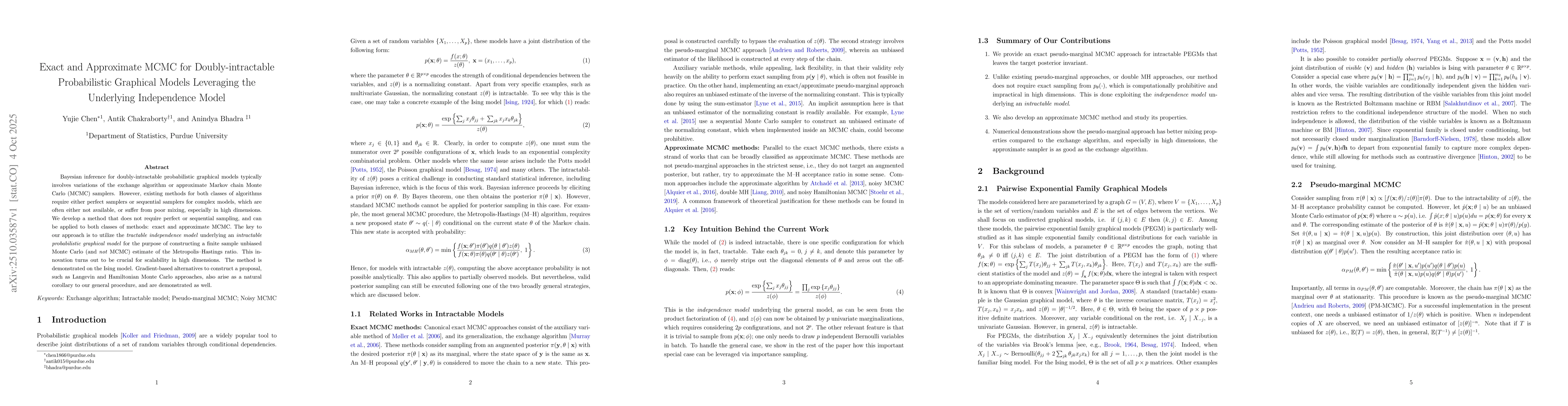 Thumbnail for Exact and Approximate MCMC for Doubly-intractable Probabilistic
  Graphical Models Leveraging the Underlying Independence Model