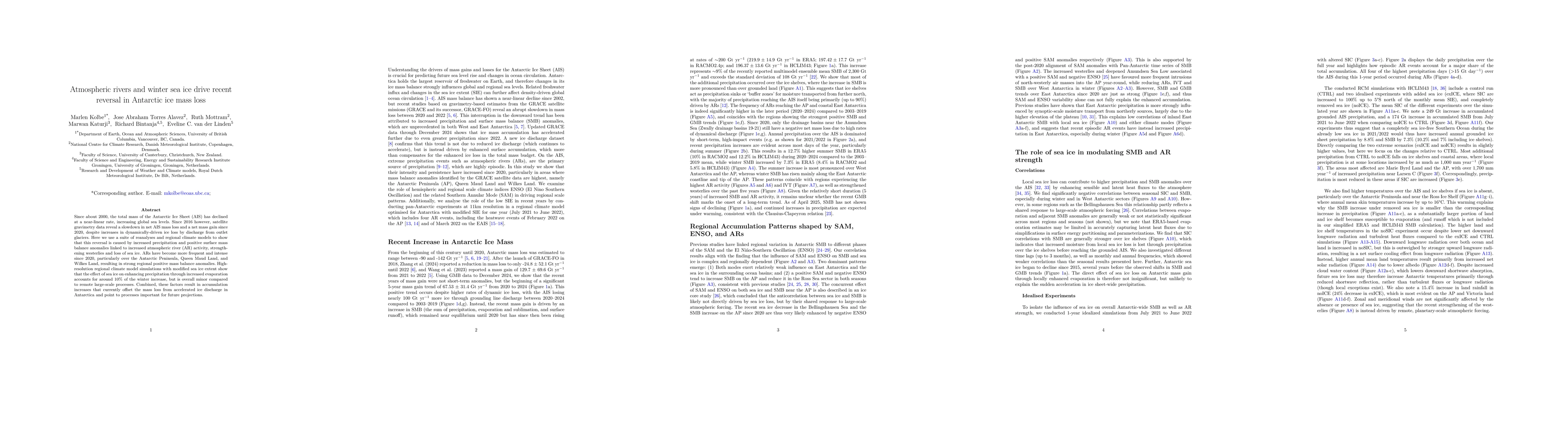 Thumbnail for Atmospheric rivers and winter sea ice drive recent reversal in Antarctic
  ice mass loss