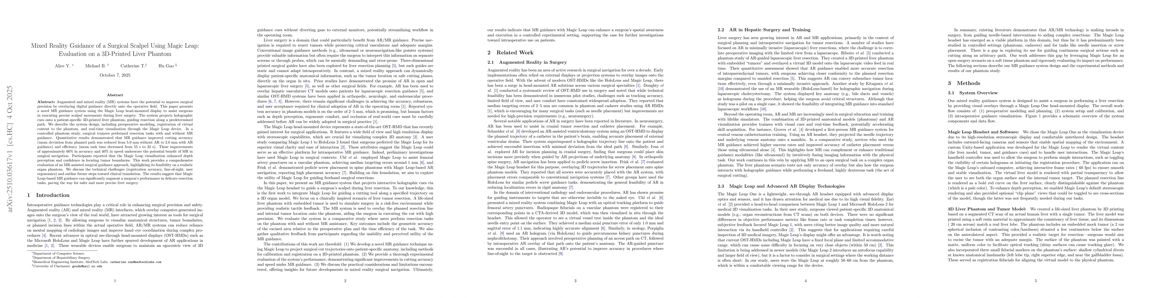 Thumbnail for Mixed Reality Guidance of a Surgical Scalpel Using Magic Leap:
  Evaluation on a 3D-Printed Liver Phantom