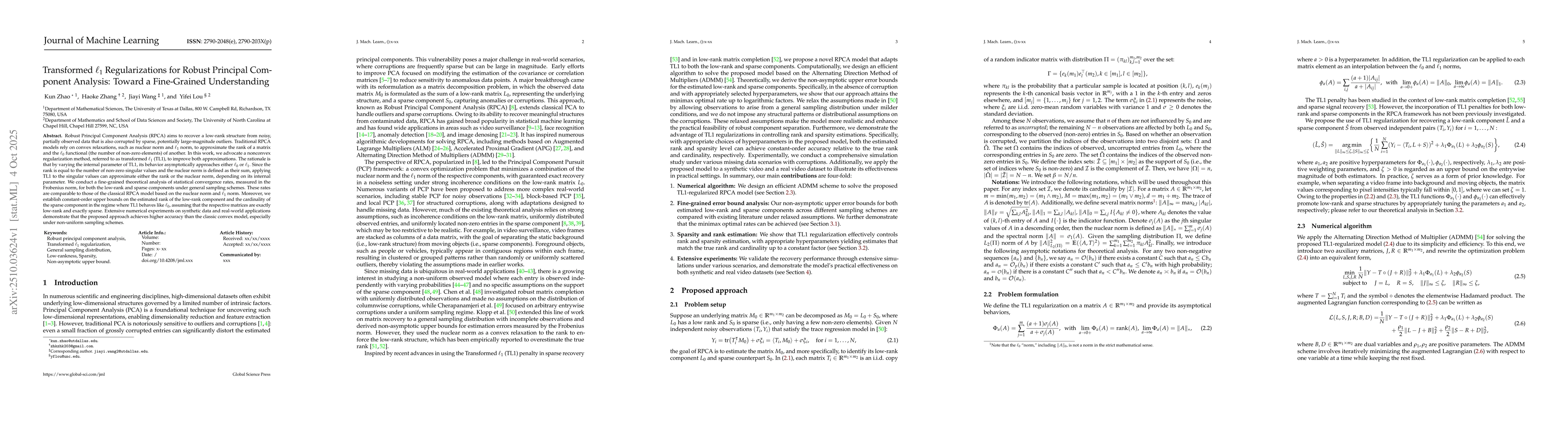 Thumbnail for Transformed $\ell_1$ Regularizations for Robust Principal Component
  Analysis: Toward a Fine-Grained Understanding