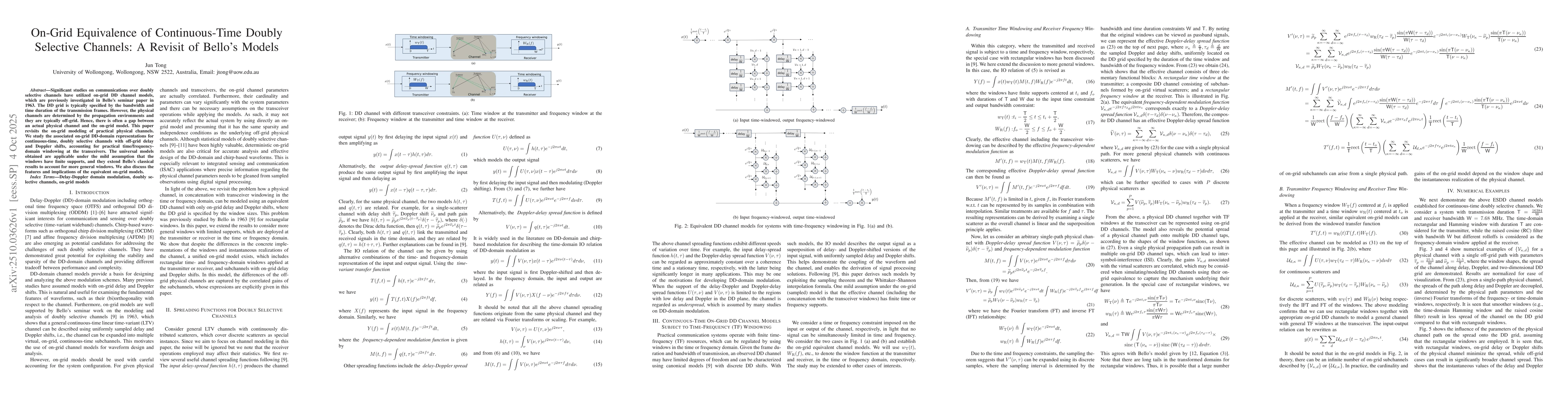 Thumbnail for On-Grid Equivalence of Continuous-Time Doubly Selective Channels: A
  Revisit of Bello's Models