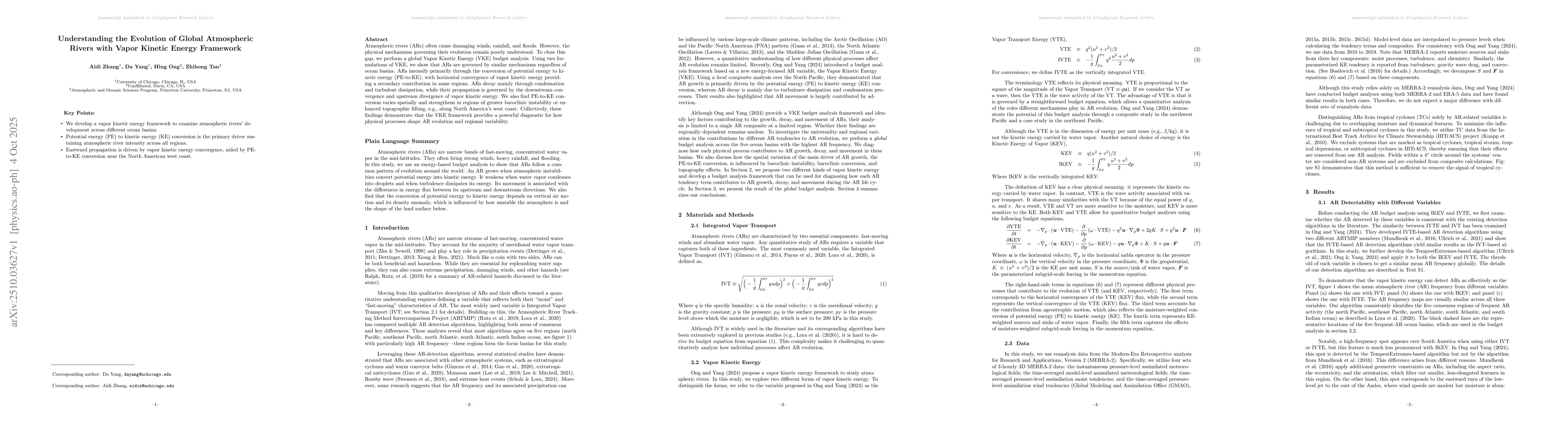 Thumbnail for Understanding the Evolution of Global Atmospheric Rivers with Vapor
  Kinetic Energy Framework