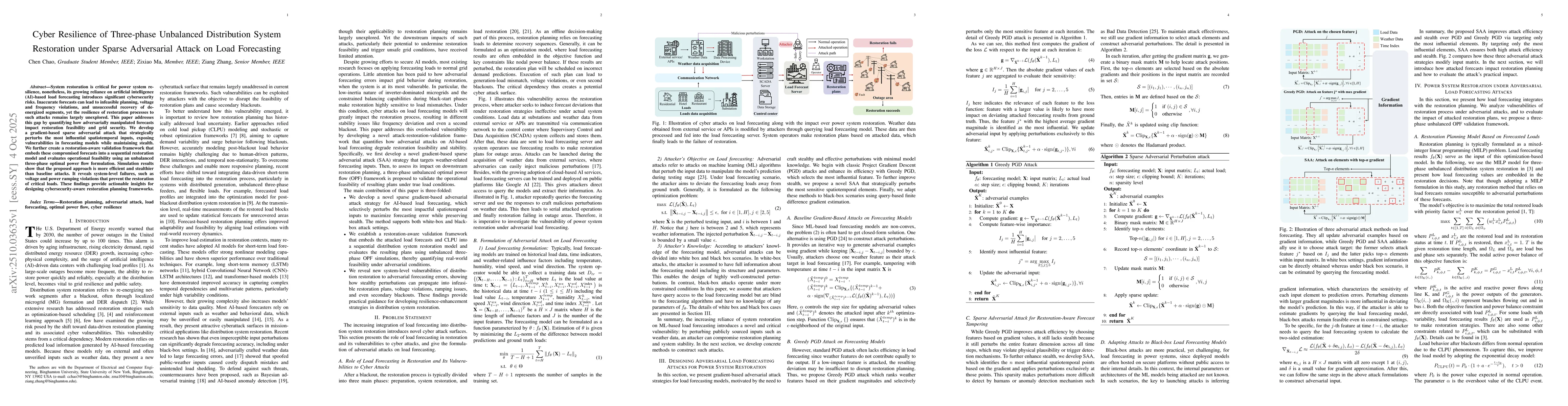 Thumbnail for Cyber Resilience of Three-phase Unbalanced Distribution System
  Restoration under Sparse Adversarial Attack on Load Forecasting