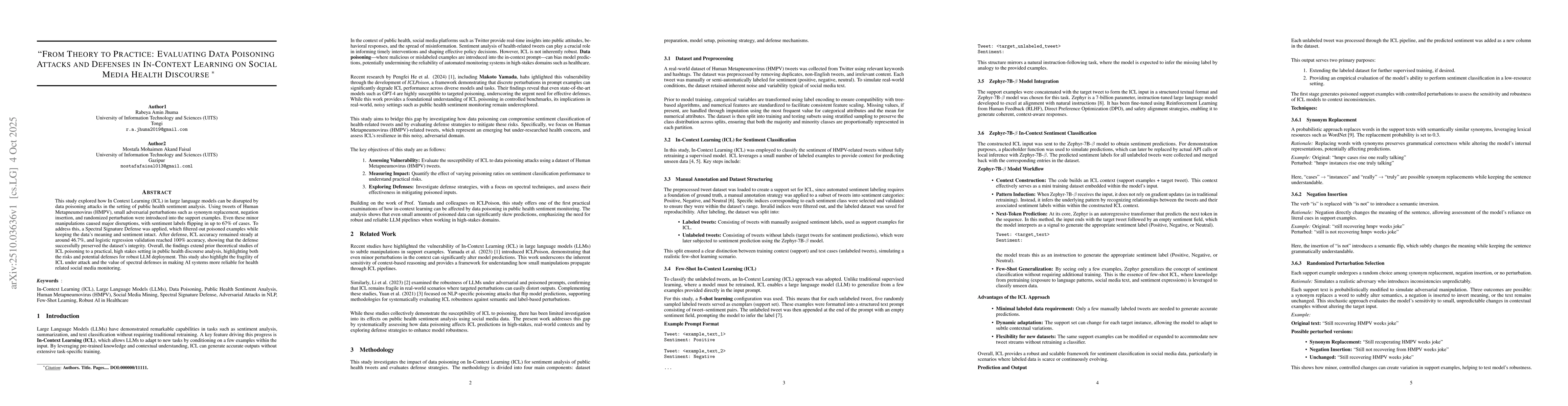 Thumbnail for From Theory to Practice: Evaluating Data Poisoning Attacks and Defenses
  in In-Context Learning on Social Media Health Discourse
