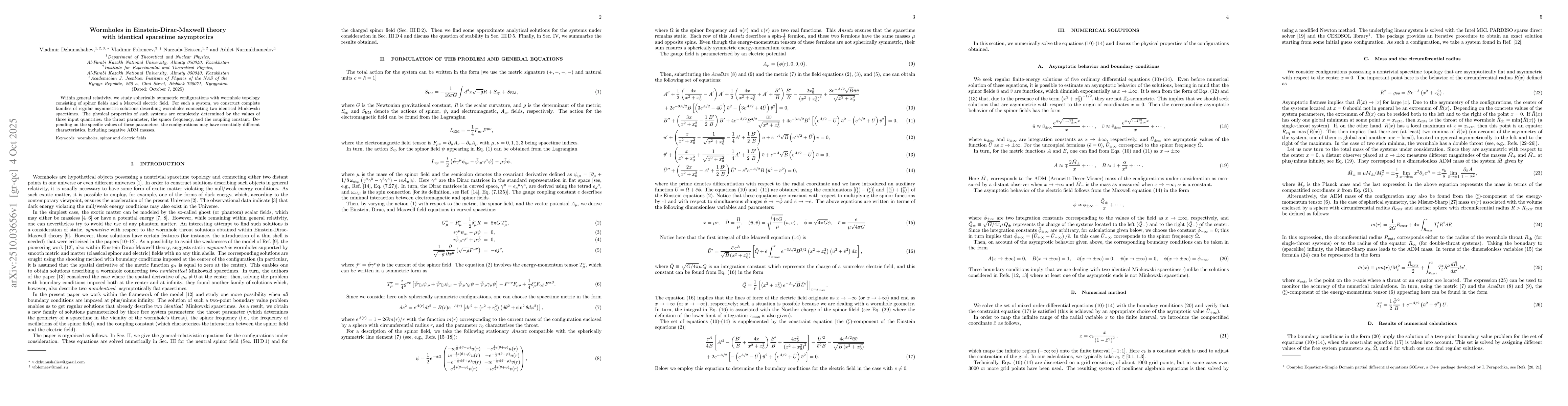 Thumbnail for Wormholes in Einstein-Dirac-Maxwell theory with identical spacetime
  asymptotics