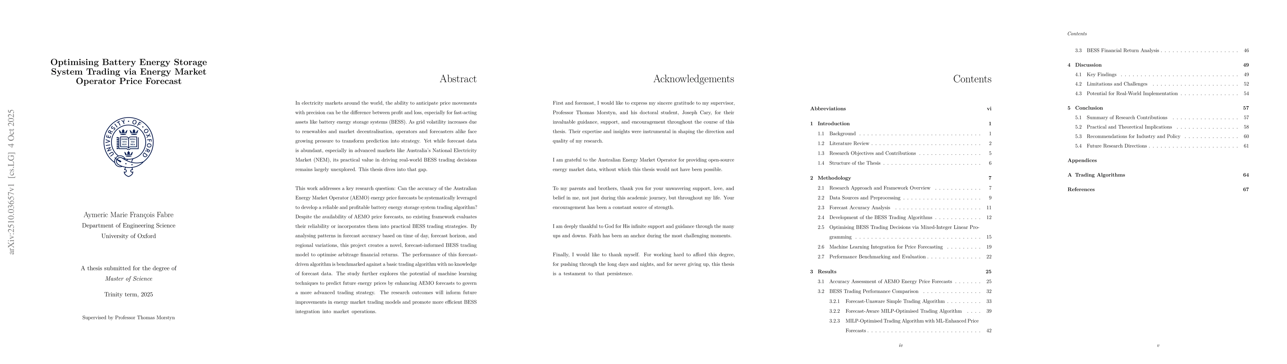 Thumbnail for Optimising Battery Energy Storage System Trading via Energy Market
  Operator Price Forecast