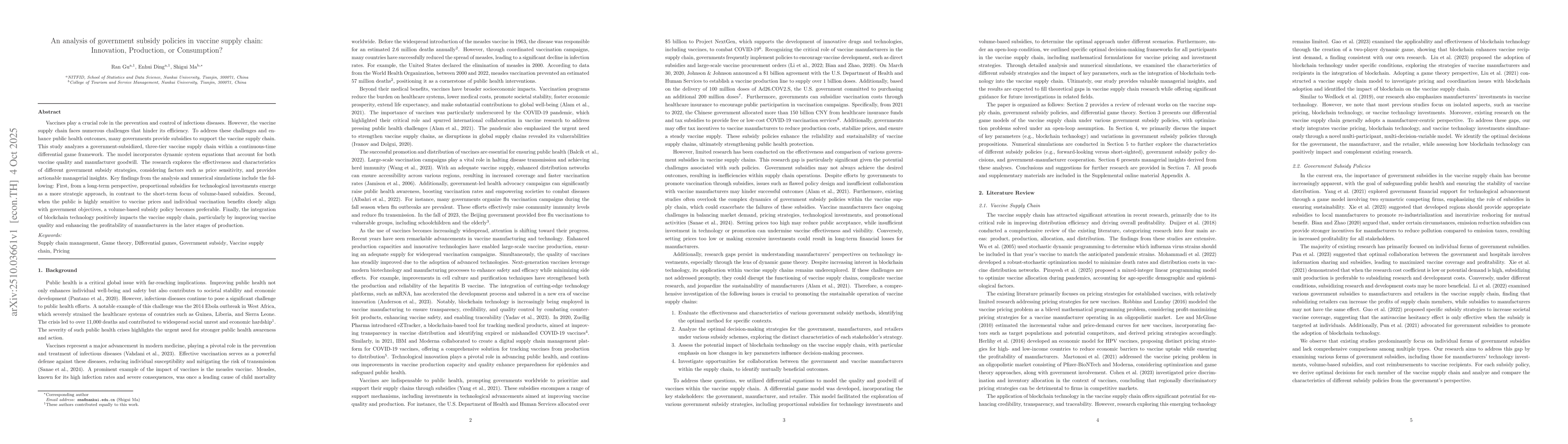 Thumbnail for An analysis of government subsidy policies in vaccine supply chain:
  Innovation, Production, or Consumption?