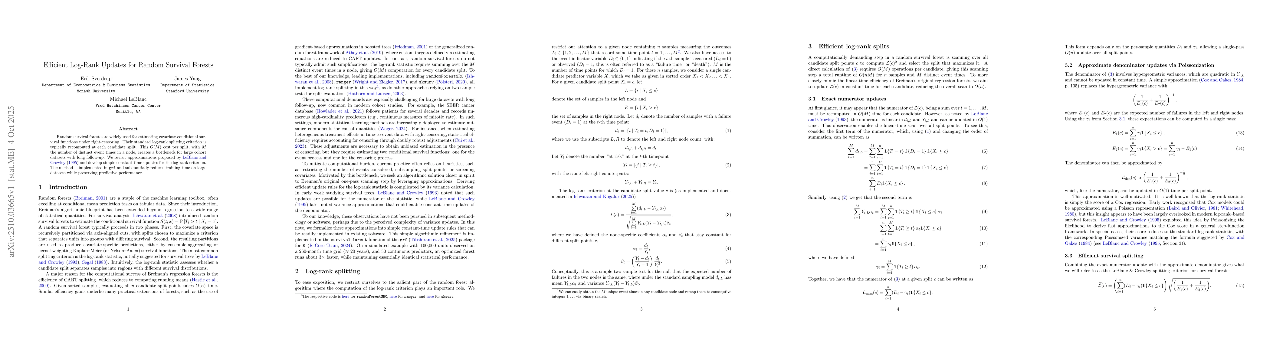 Thumbnail for Efficient Log-Rank Updates for Random Survival Forests