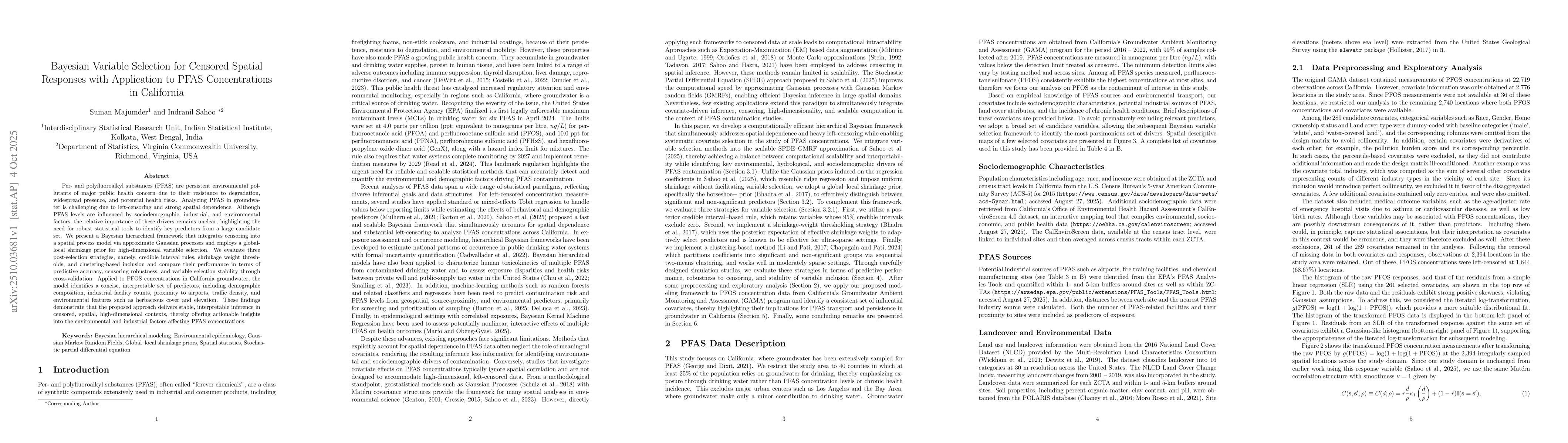 Thumbnail for Bayesian Variable Selection for Censored Spatial Responses with
  Application to PFAS Concentrations in California