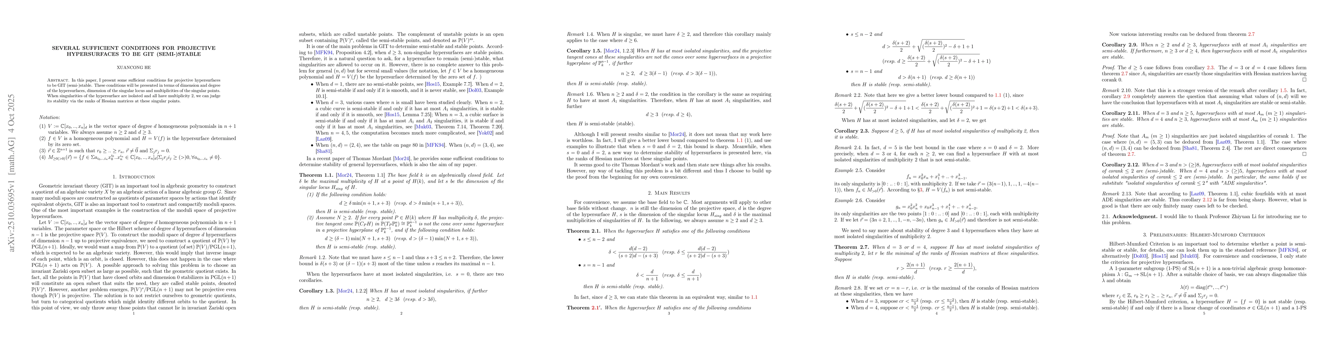 Thumbnail for Several sufficient conditions for projective hypersurfaces to be GIT
  (semi)stable