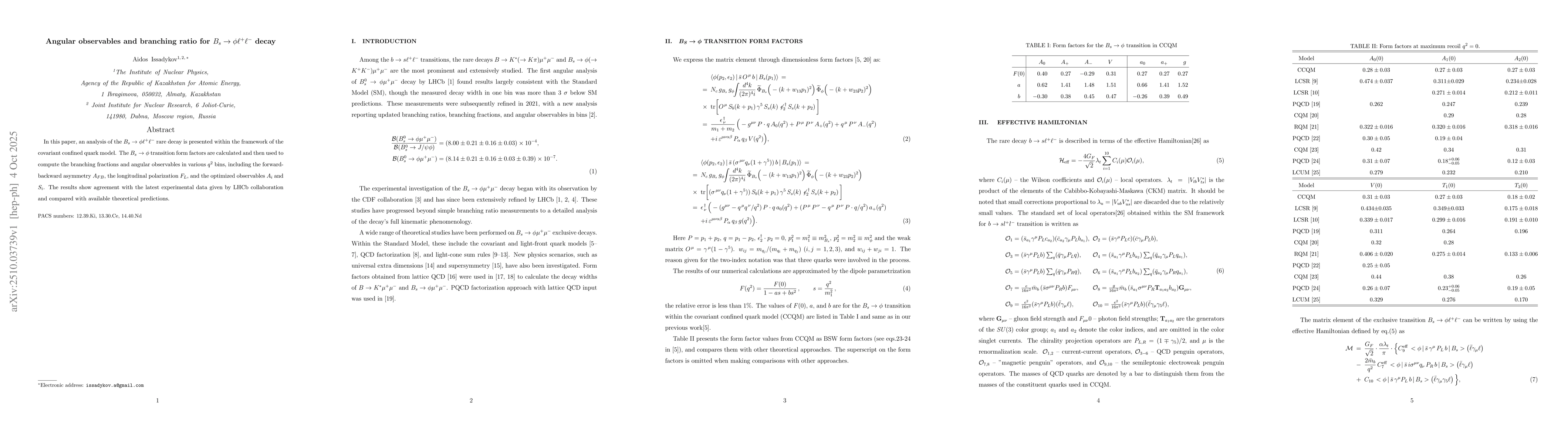 Thumbnail for Angular observables and branching ratio for $B_s\to φ\ell^+ \ell^-$
  decay