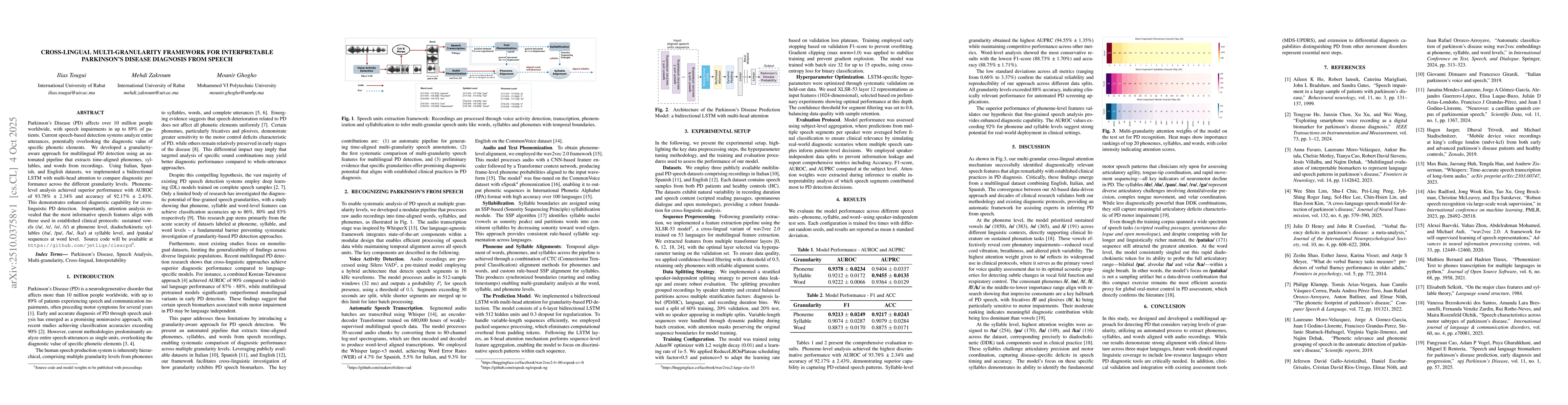 Thumbnail for Cross-Lingual Multi-Granularity Framework for Interpretable Parkinson's
  Disease Diagnosis from Speech