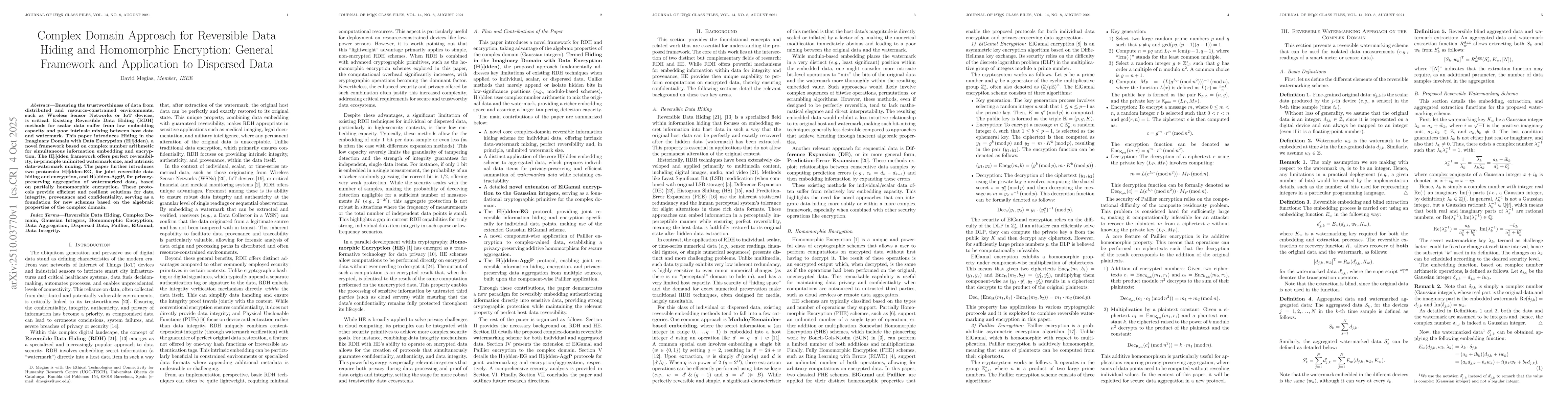 Thumbnail for Complex Domain Approach for Reversible Data Hiding and Homomorphic
  Encryption: General Framework and Application to Dispersed Data