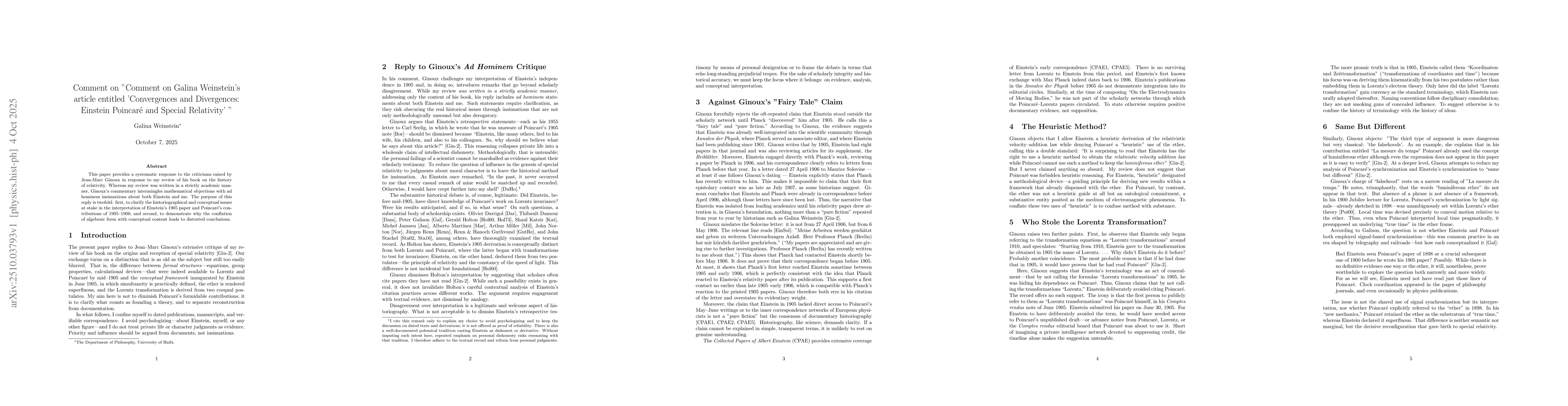 Thumbnail for Comment on "Comment on Galina Weinstein's article entitled 'Convergences
  and Divergences: Einstein Poincaré and Special Relativity' "