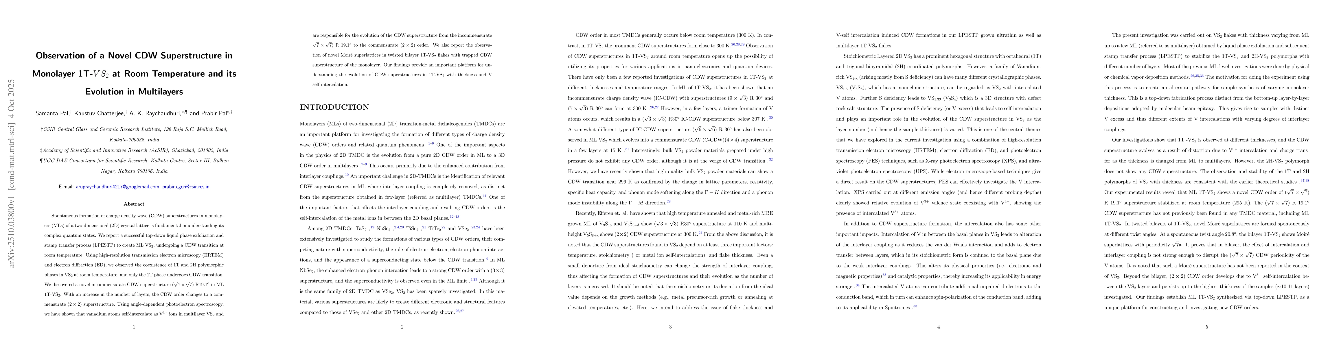 Thumbnail for Observation of a Novel CDW Superstructure in Monolayer 1T-$VS_{2}$ at
  Room Temperature and its Evolution in Multilayers