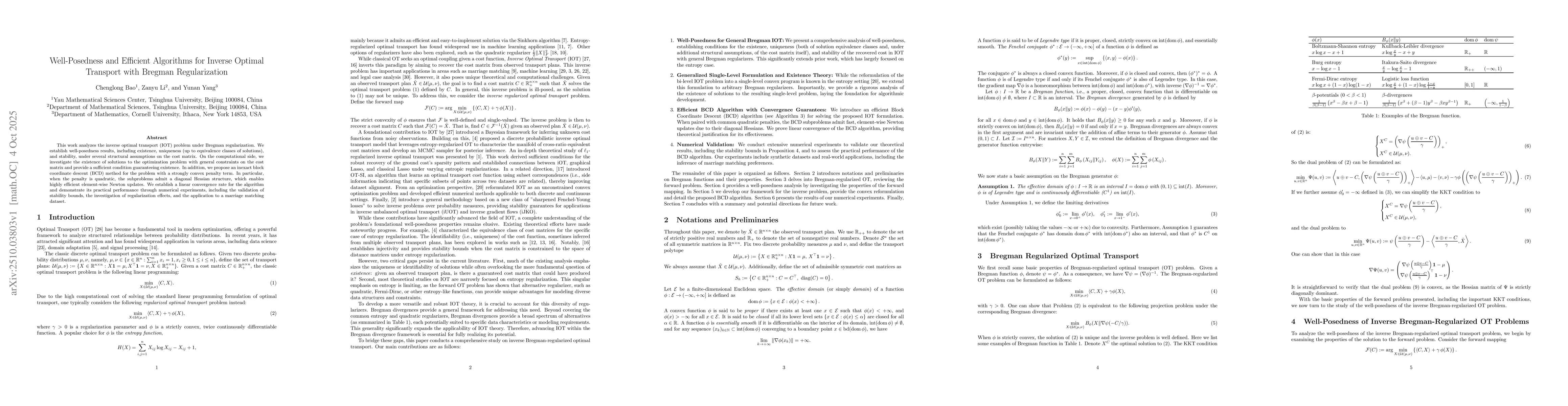 Thumbnail for Well-Posedness and Efficient Algorithms for Inverse Optimal Transport
  with Bregman Regularization