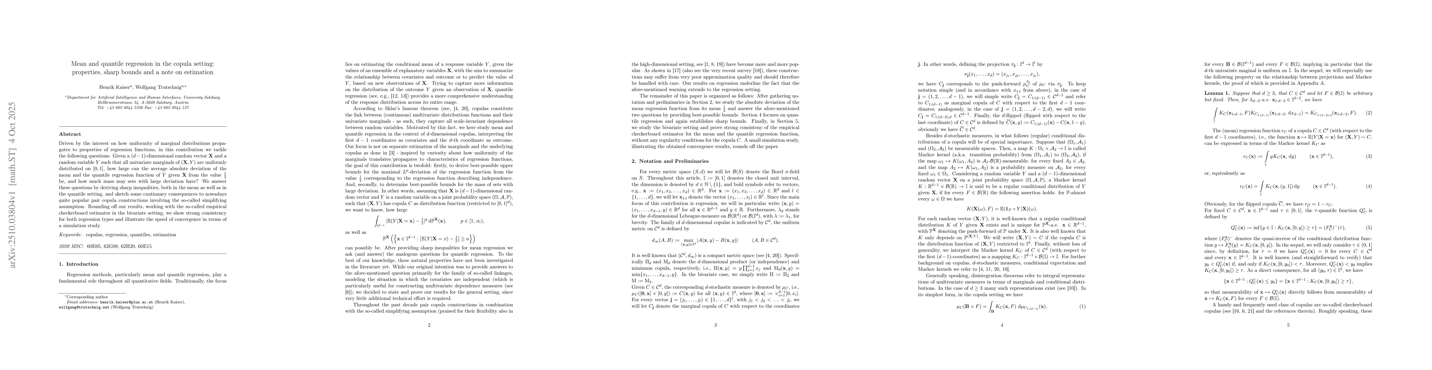 Thumbnail for Mean and quantile regression in the copula setting: properties, sharp
  bounds and a note on estimation