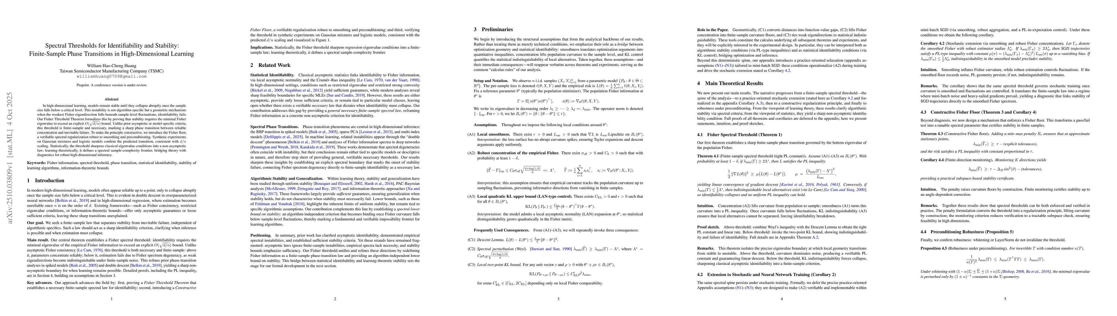 Thumbnail for Spectral Thresholds for Identifiability and Stability:Finite-Sample
  Phase Transitions in High-Dimensional Learning