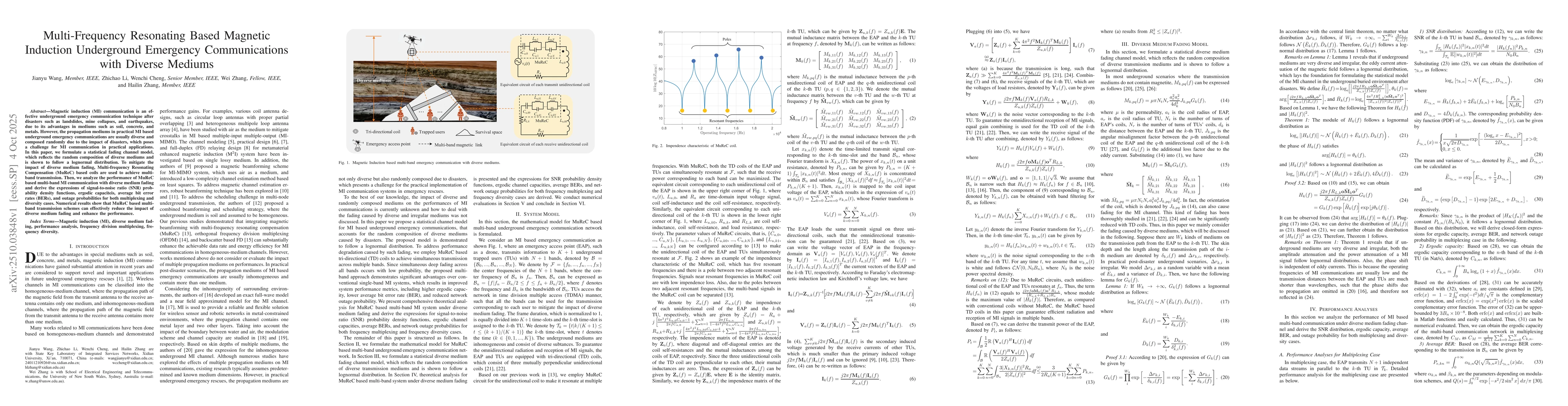 Thumbnail for Multi-Frequency Resonating Based Magnetic Induction Underground
  Emergency Communications with Diverse Mediums