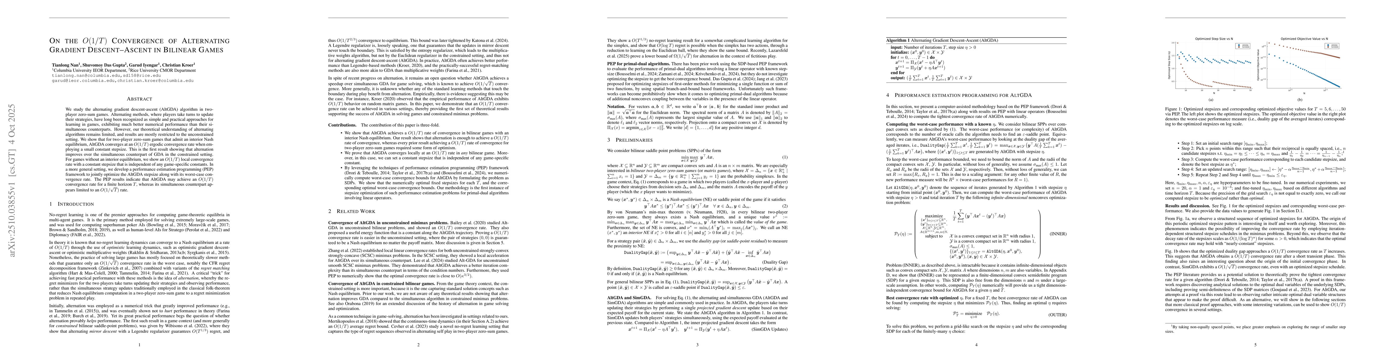 Thumbnail for On the $O(1/T)$ Convergence of Alternating Gradient Descent-Ascent in
  Bilinear Games