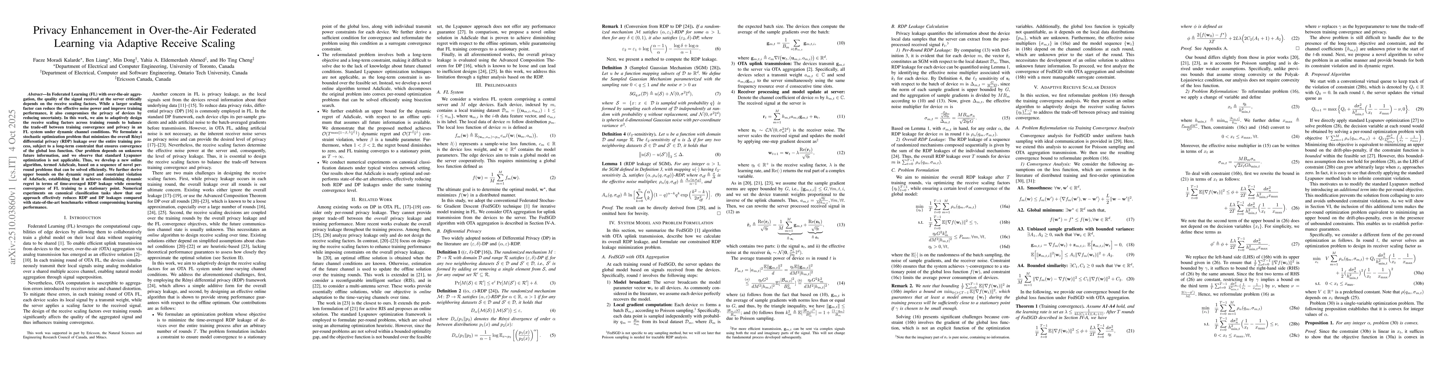 Thumbnail for Privacy Enhancement in Over-the-Air Federated Learning via Adaptive
  Receive Scaling