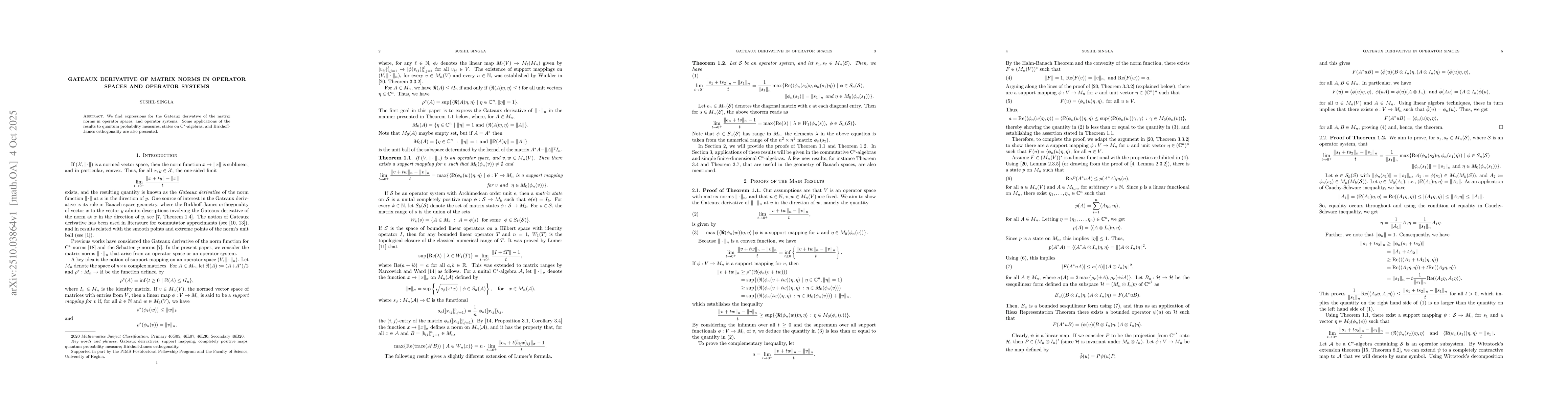Thumbnail for Gateaux derivative of matrix norms in operator spaces and operator
  systems