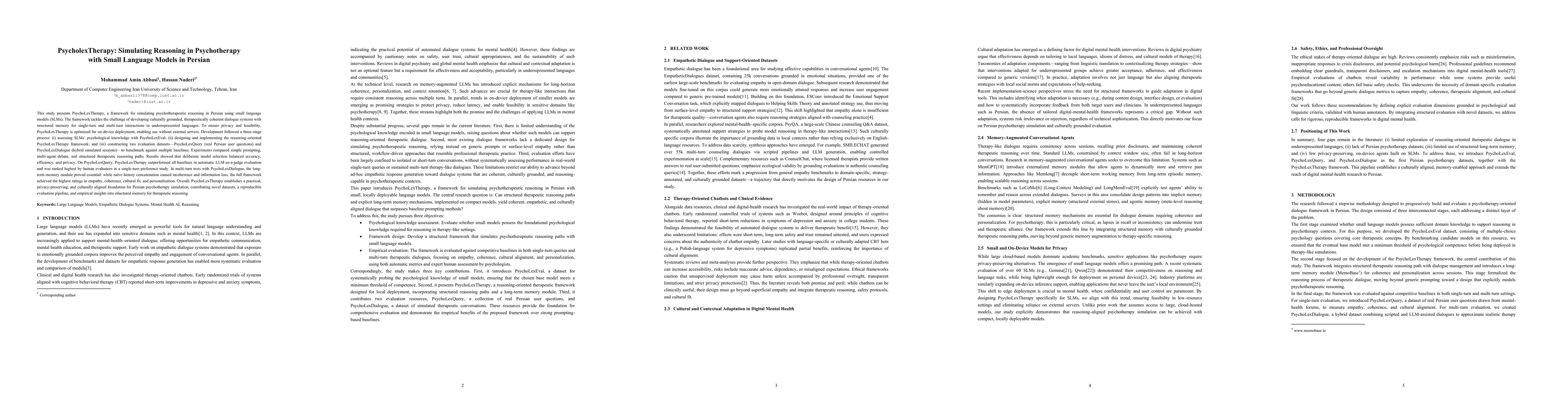 Thumbnail for PsycholexTherapy: Simulating Reasoning in Psychotherapy with Small
  Language Models in Persian