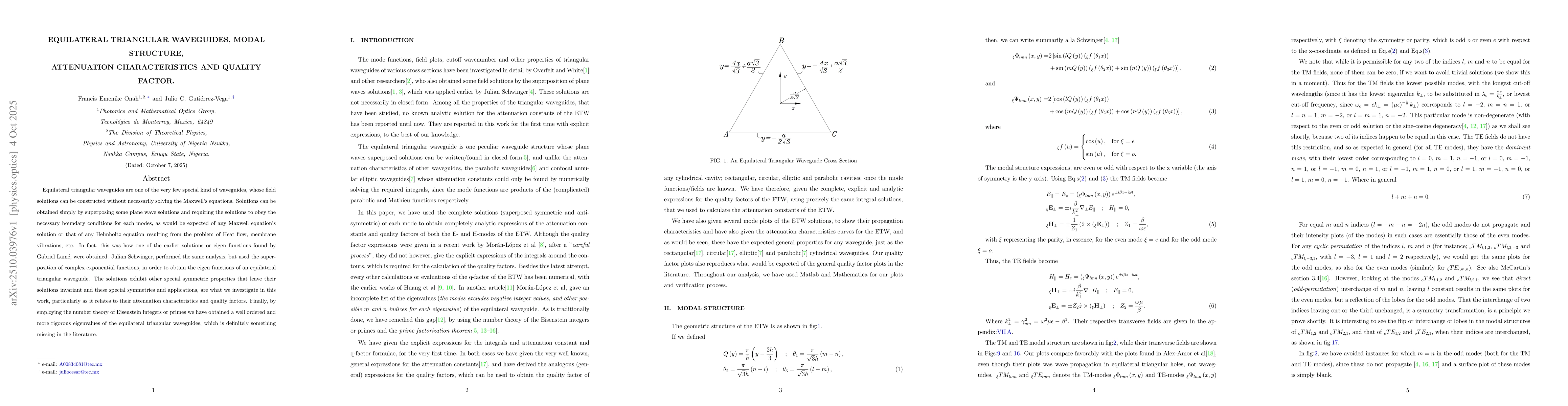 Thumbnail for Equilateral triangular waveguides, modal structure, attenuation
  characteristics and quality factor