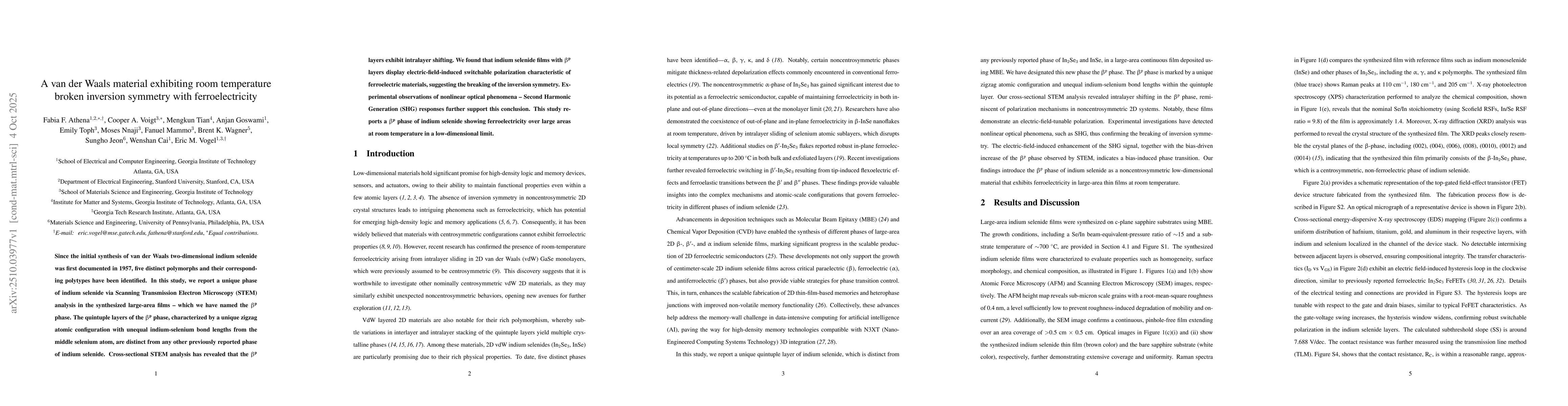Thumbnail for A van der Waals material exhibiting room temperature broken inversion
  symmetry with ferroelectricity