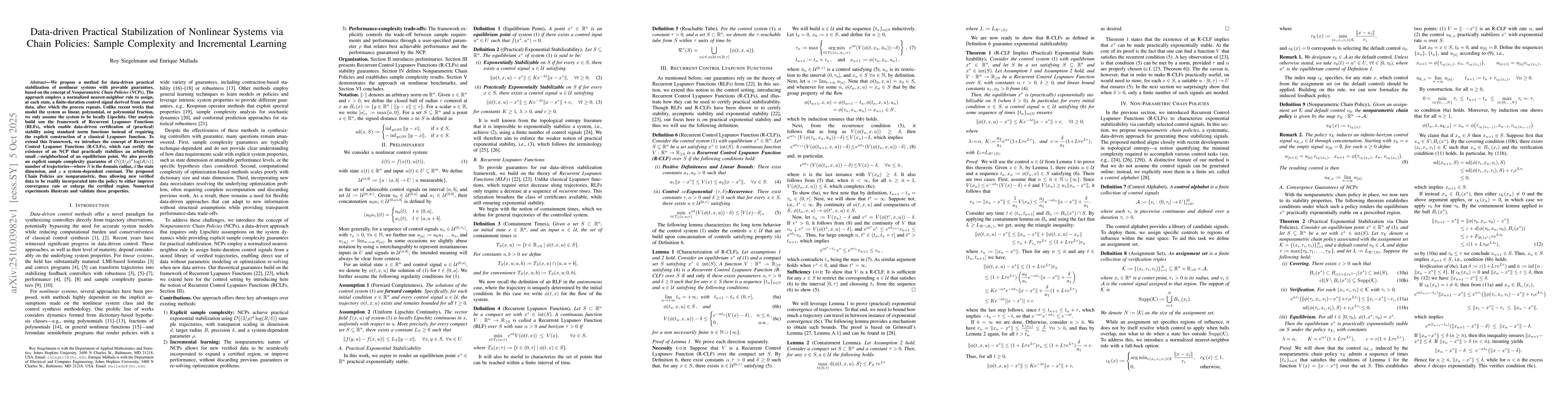 Thumbnail for Data-driven Practical Stabilization of Nonlinear Systems via Chain
  Policies: Sample Complexity and Incremental Learning