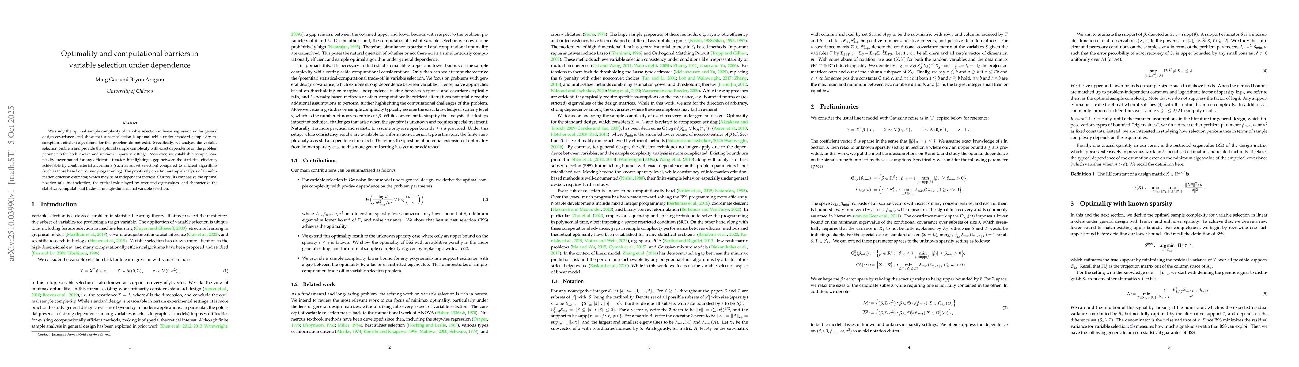 Thumbnail for Optimality and computational barriers in variable selection under
  dependence