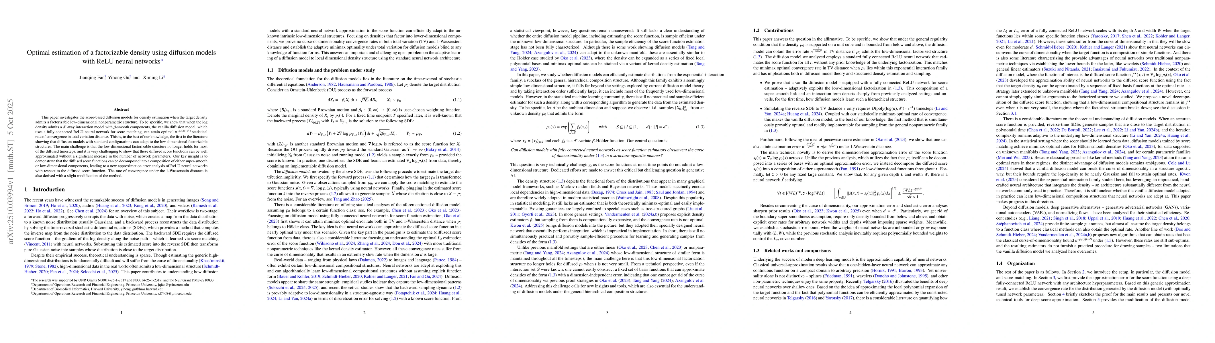 Thumbnail for Optimal estimation of a factorizable density using diffusion models with
  ReLU neural networks