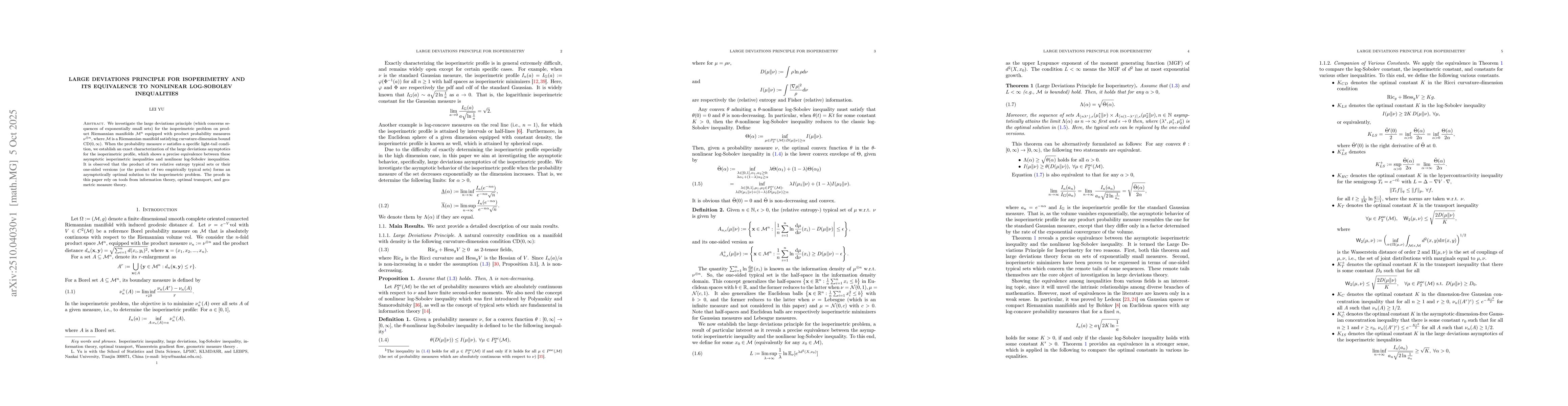 Thumbnail for Large Deviations Principle for Isoperimetry and Its Equivalence to
  Nonlinear Log-Sobolev Inequalities