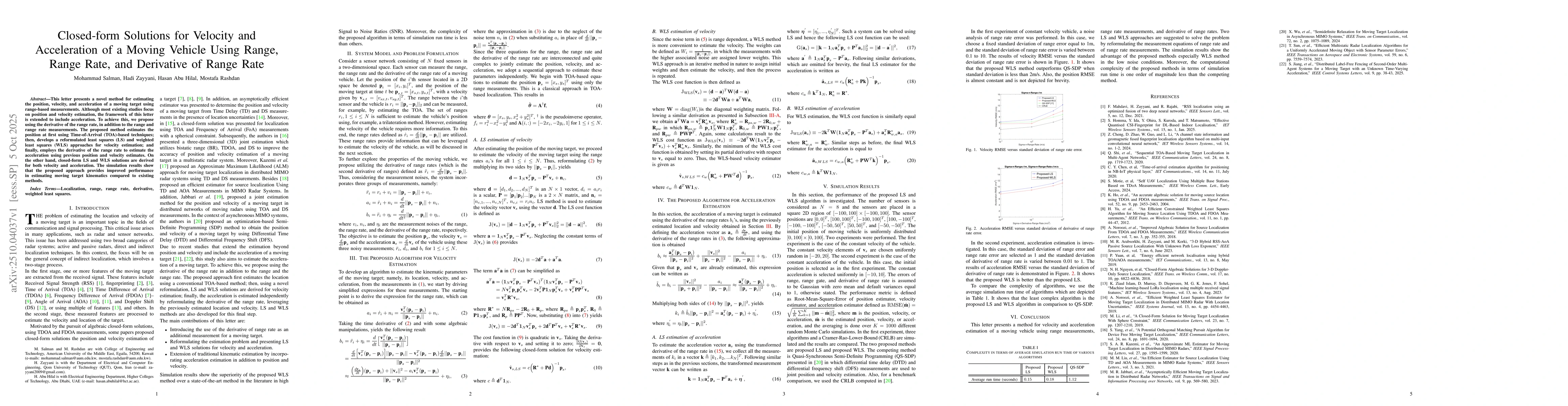 Thumbnail for Closed-form Solutions for Velocity and Acceleration of a Moving Vehicle
  Using Range, Range Rate, and Derivative of Range Rate