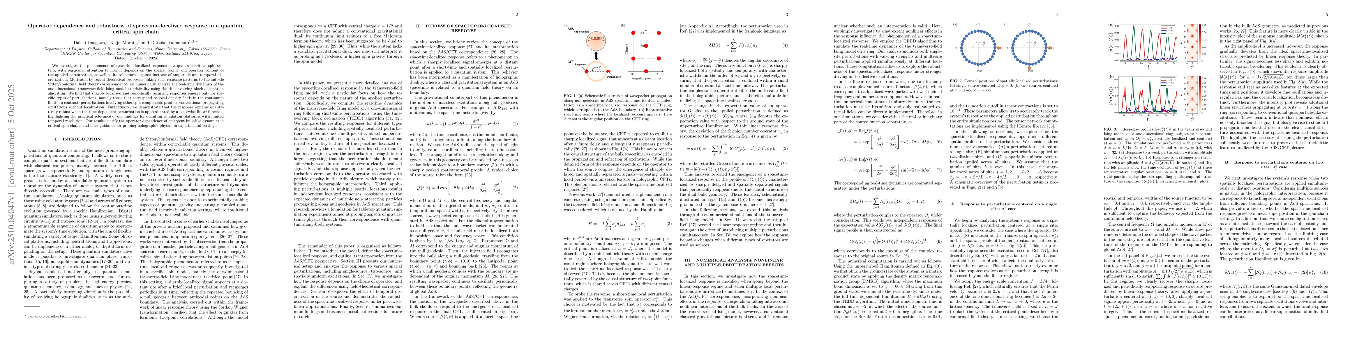 Thumbnail for Operator dependence and robustness of spacetime-localized response in a
  quantum critical spin chain