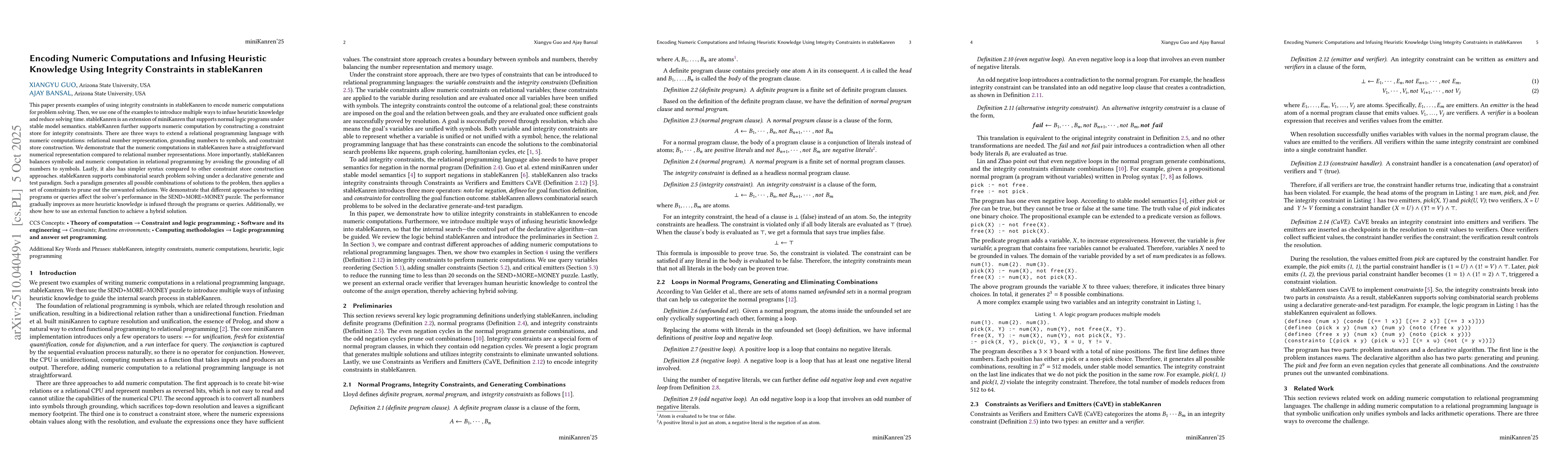 Thumbnail for Encoding Numeric Computations and Infusing Heuristic Knowledge Using
  Integrity Constraints in stableKanren