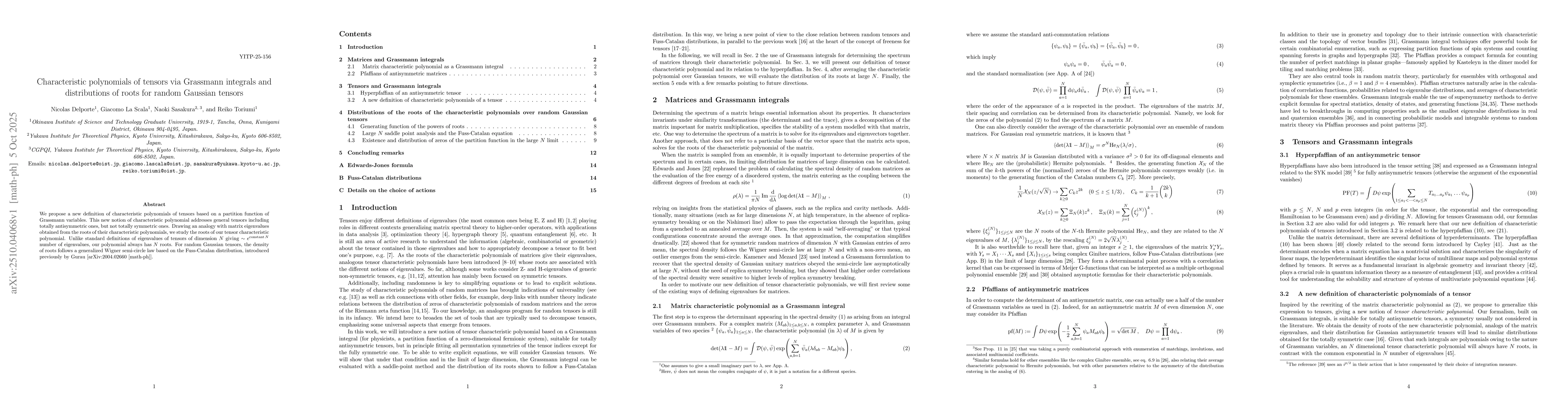 Thumbnail for Characteristic polynomials of tensors via Grassmann integrals and
  distributions of roots for random Gaussian tensors