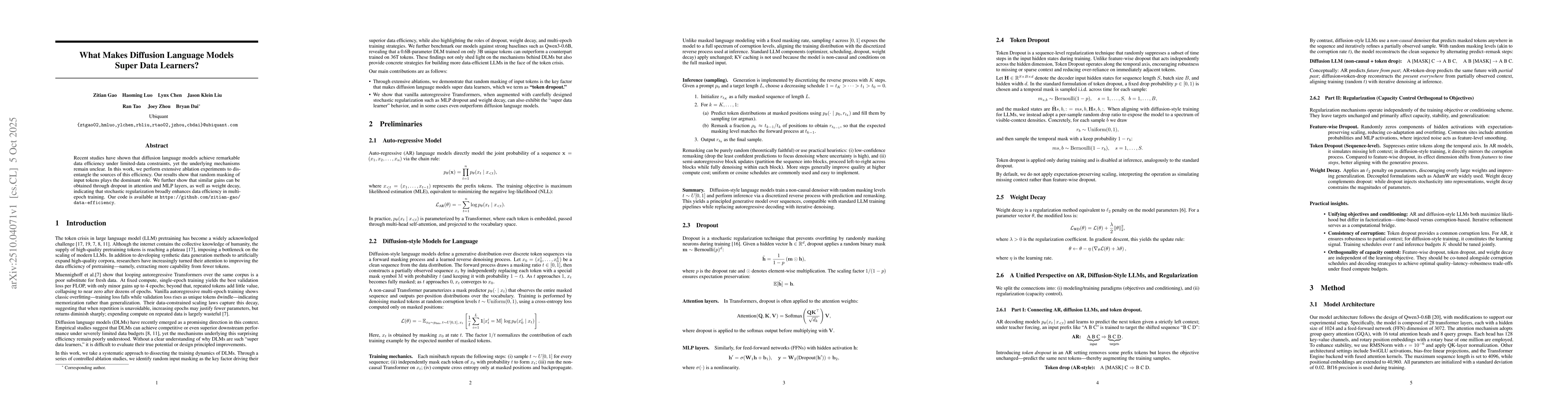 Thumbnail for What Makes Diffusion Language Models Super Data Learners?