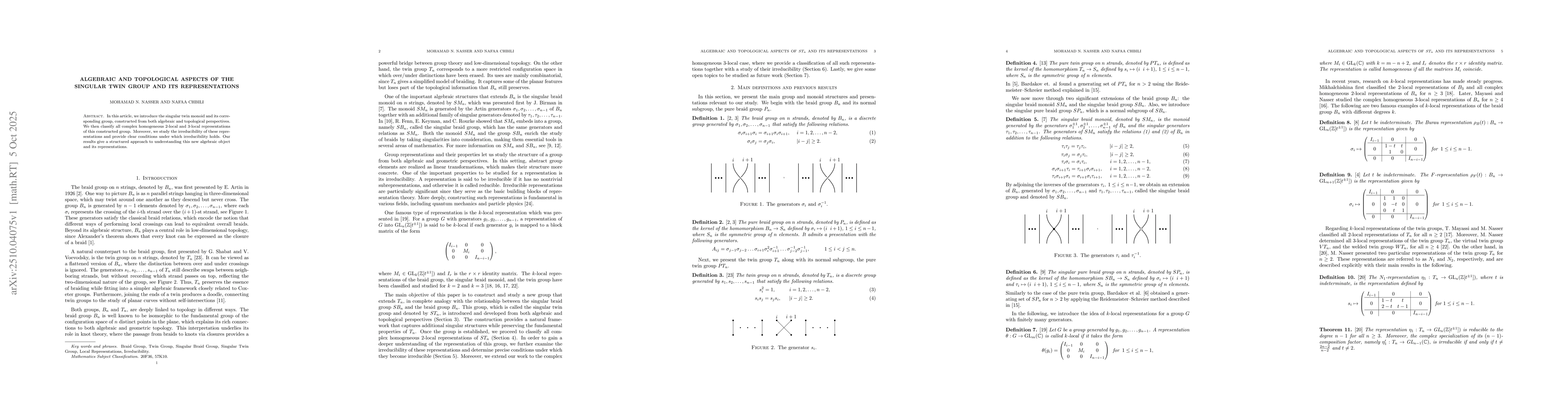 Thumbnail for Algebraic and topological aspects of the singular twin group and its
  representations
