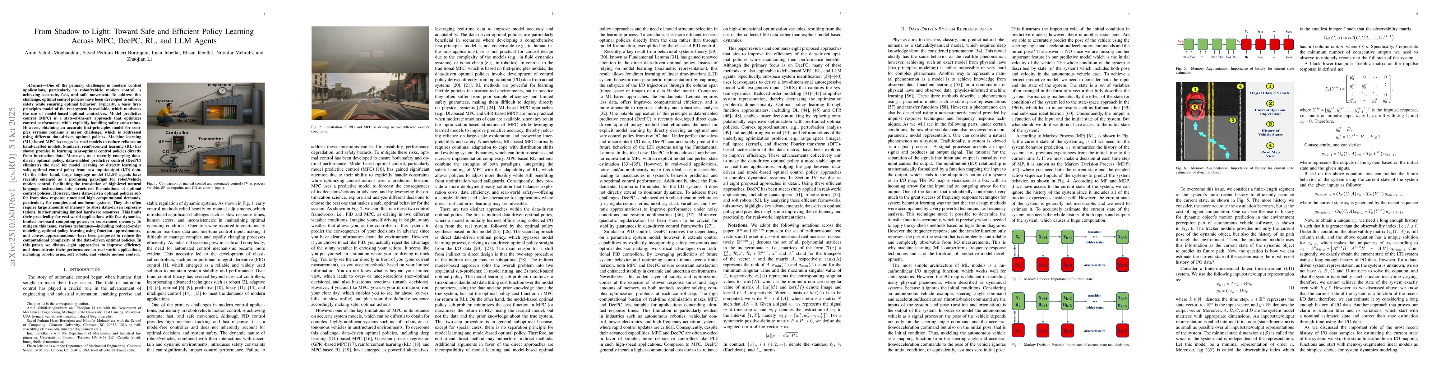 Thumbnail for From Shadow to Light: Toward Safe and Efficient Policy Learning Across
  MPC, DeePC, RL, and LLM Agents